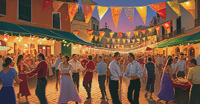 A festive street scene in Seville with people dancing flamenco and colorful decorations.