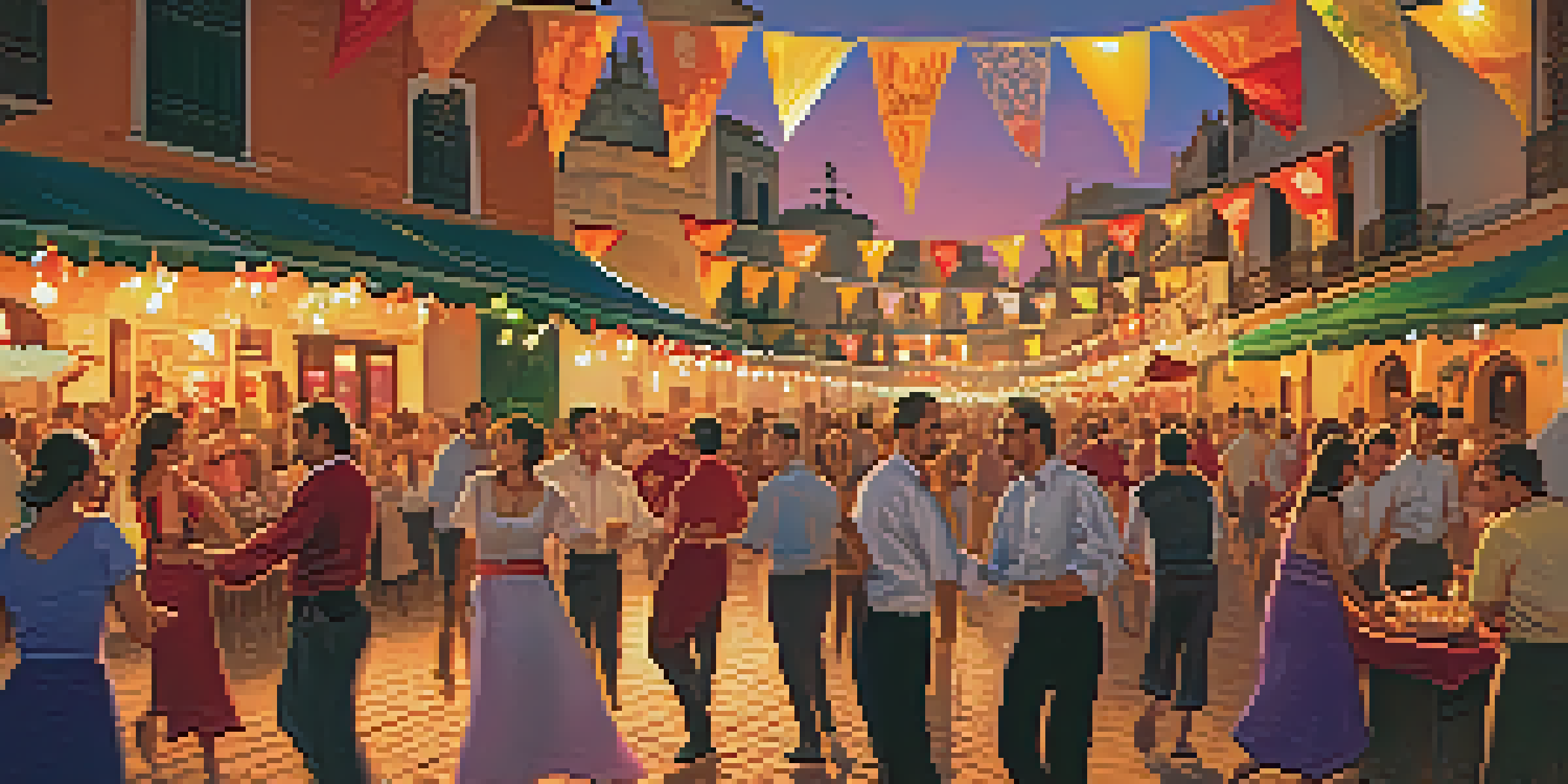 A festive street scene in Seville with people dancing flamenco and colorful decorations.