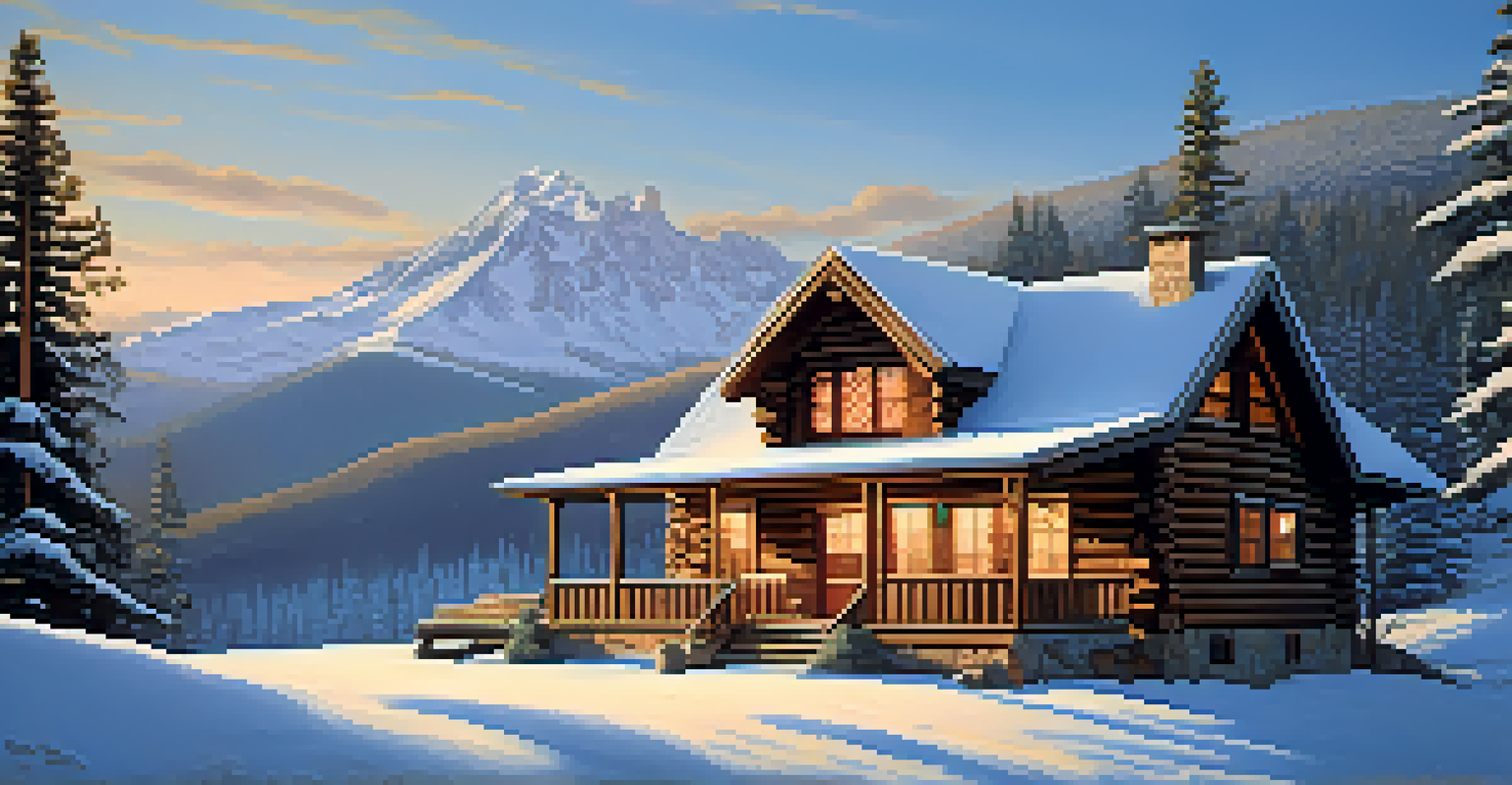 A cozy mountain cabin in winter, surrounded by snow-covered trees, with warm light from the windows and a picturesque mountain backdrop.