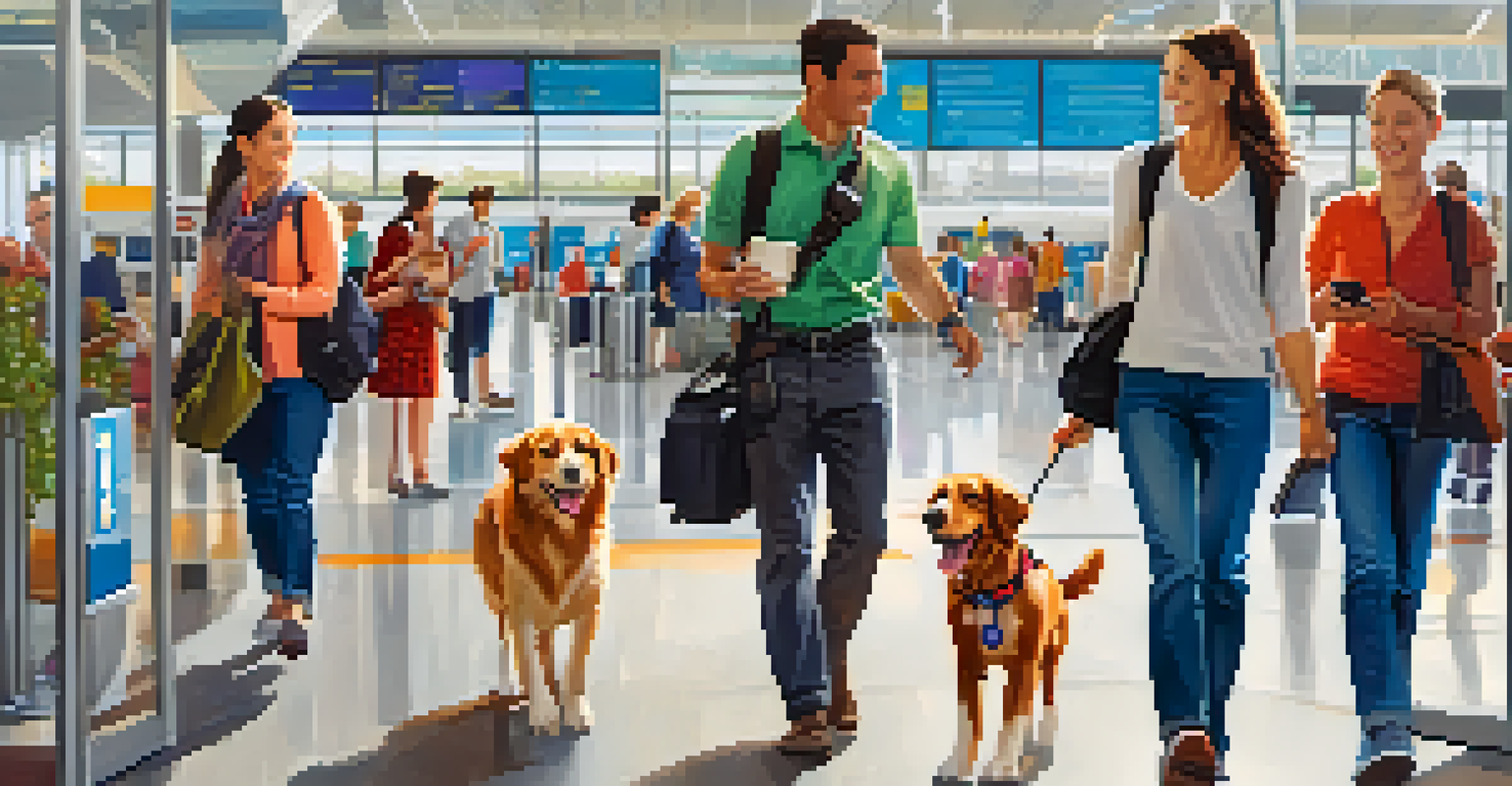 A family at an airport with their dog wearing a GPS collar, looking at their smartphones.
