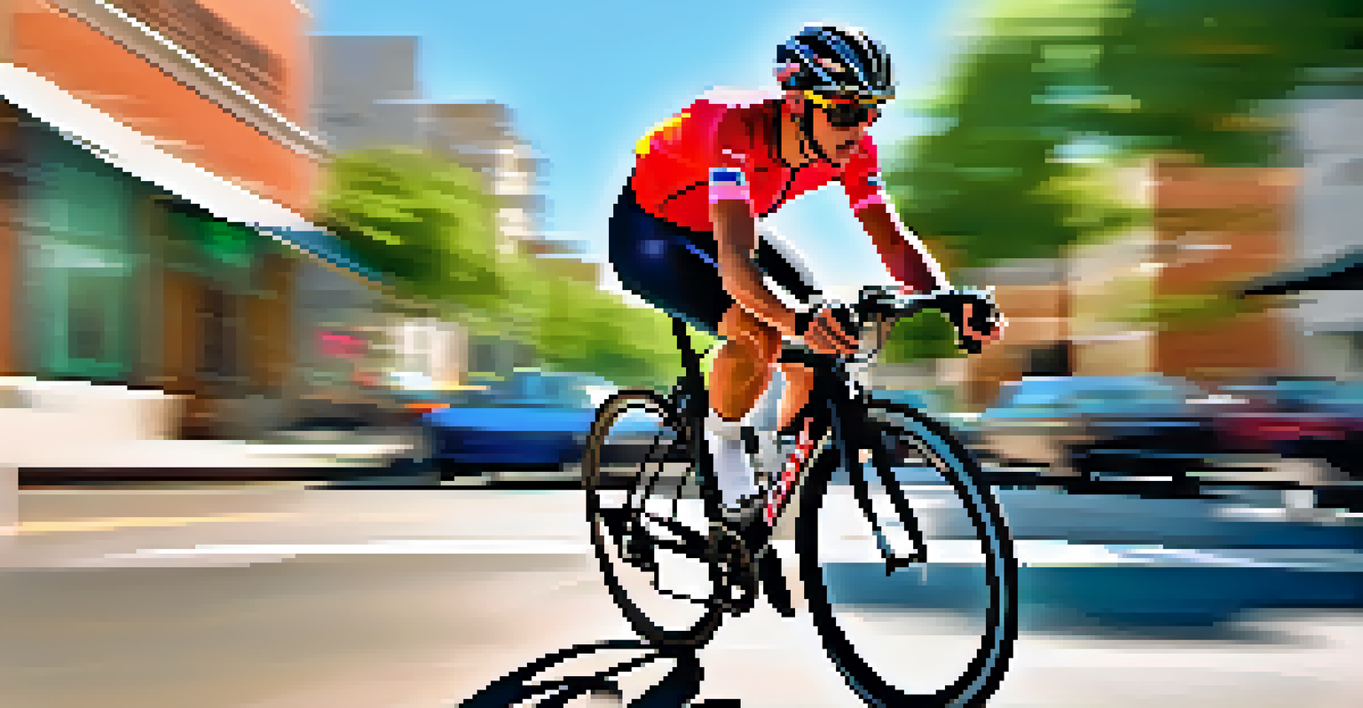 A cyclist speeding down a city street with a blurred background, highlighting the sense of movement.