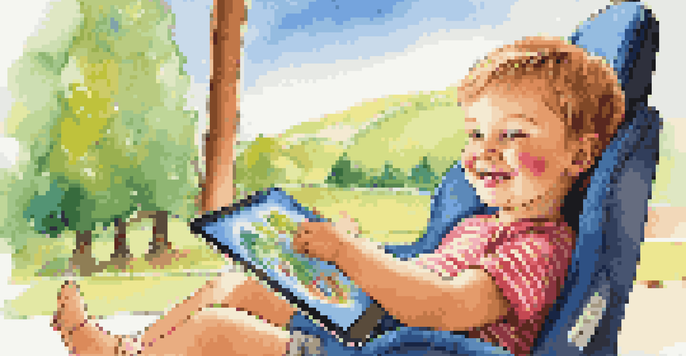 A toddler in a car seat, happily interacting with a tablet showing a colorful story app against a sunny backdrop.