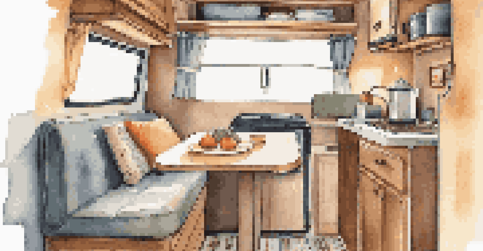 Cozy interior of a camper van with a kitchenette and sleeping area, illuminated by warm lighting.
