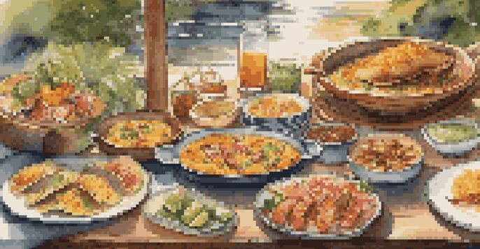 An outdoor dining table set with various dishes from different cuisines, illuminated by warm golden hour light, surrounded by greenery.