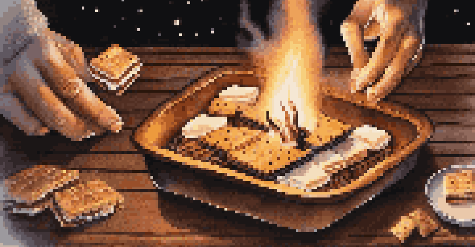 Hands making s'mores over a campfire with chocolate and marshmallows.