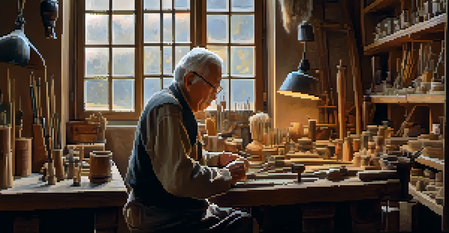 An elderly artisan working in their workshop, focusing on their craft with warm light illuminating the scene.