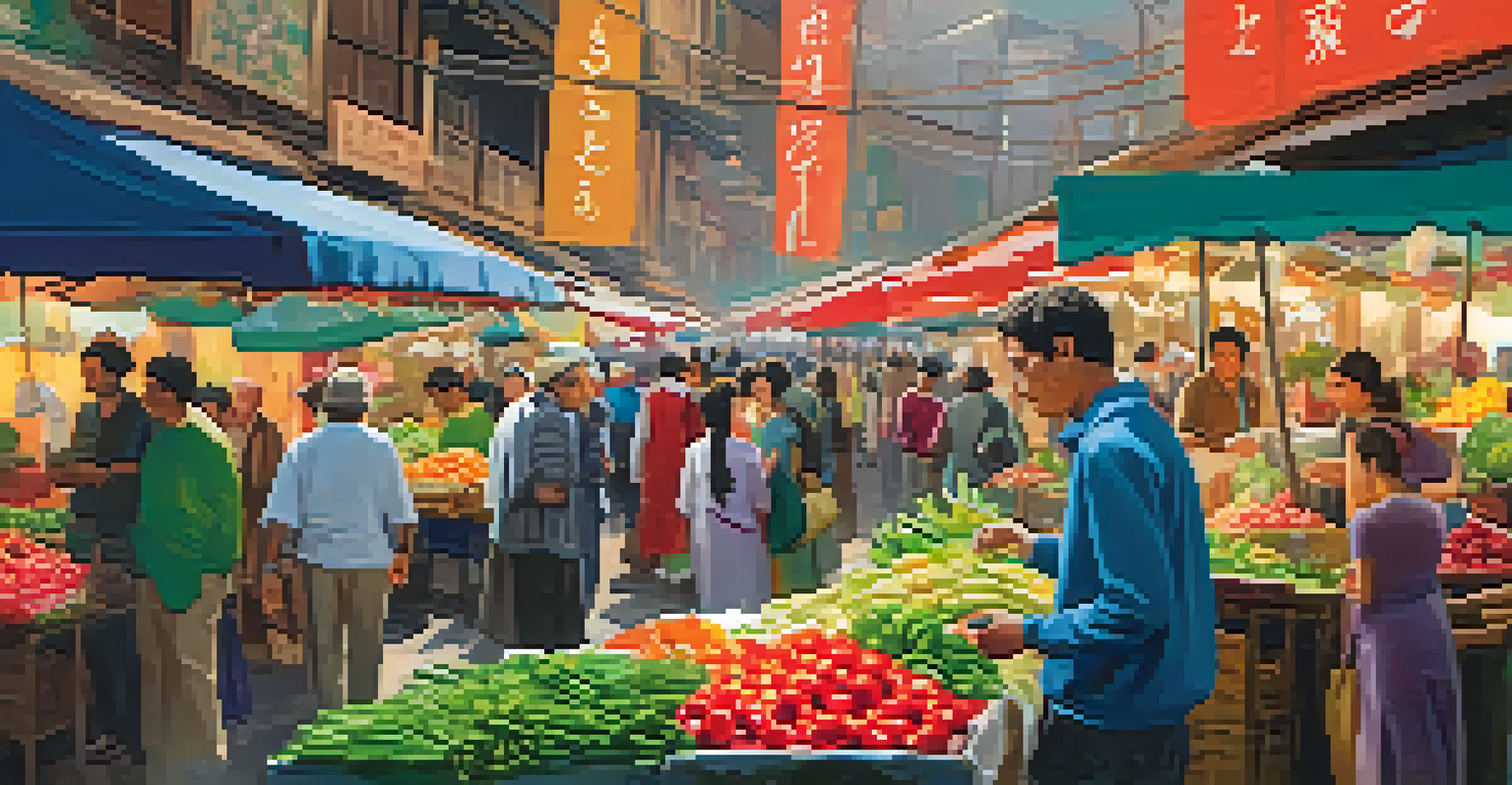A traveler using a smart wearable to translate a menu in a colorful foreign market with various stalls around.