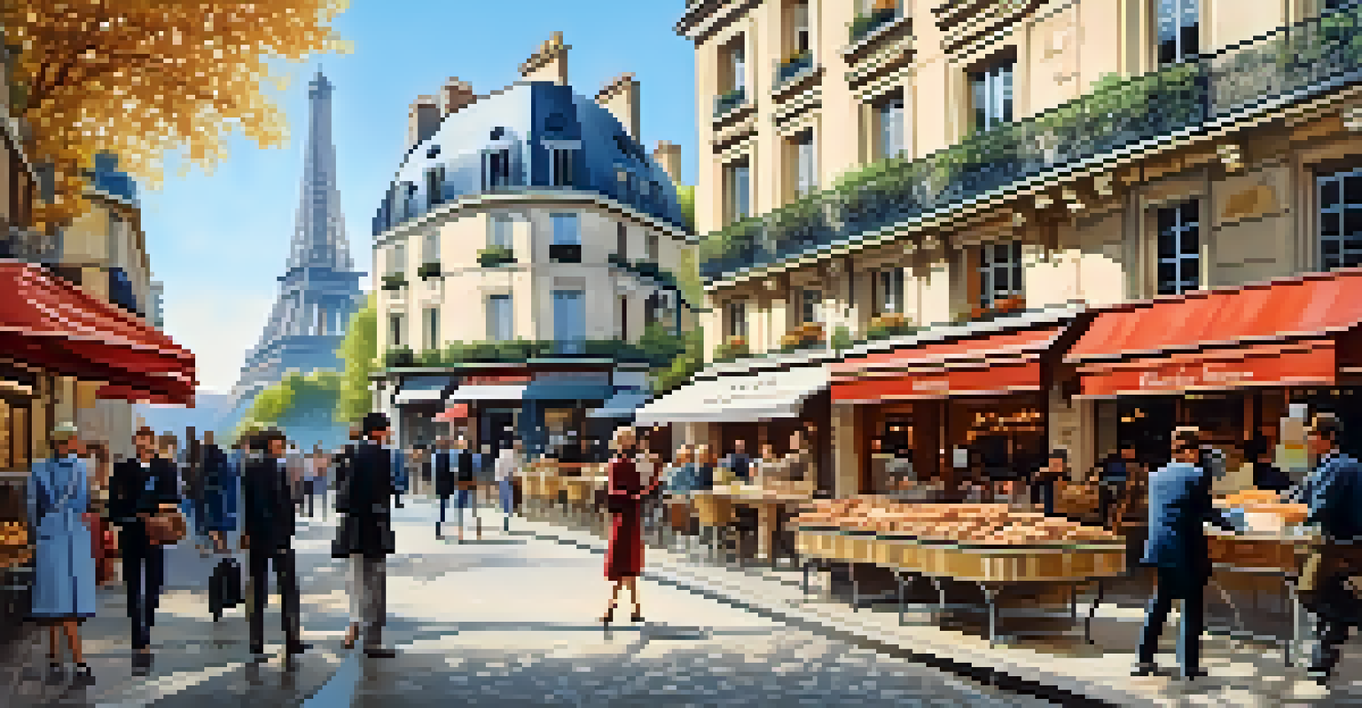 A charming Parisian street with cafes and boutiques, featuring the Eiffel Tower in the background and people enjoying the vibrant atmosphere.