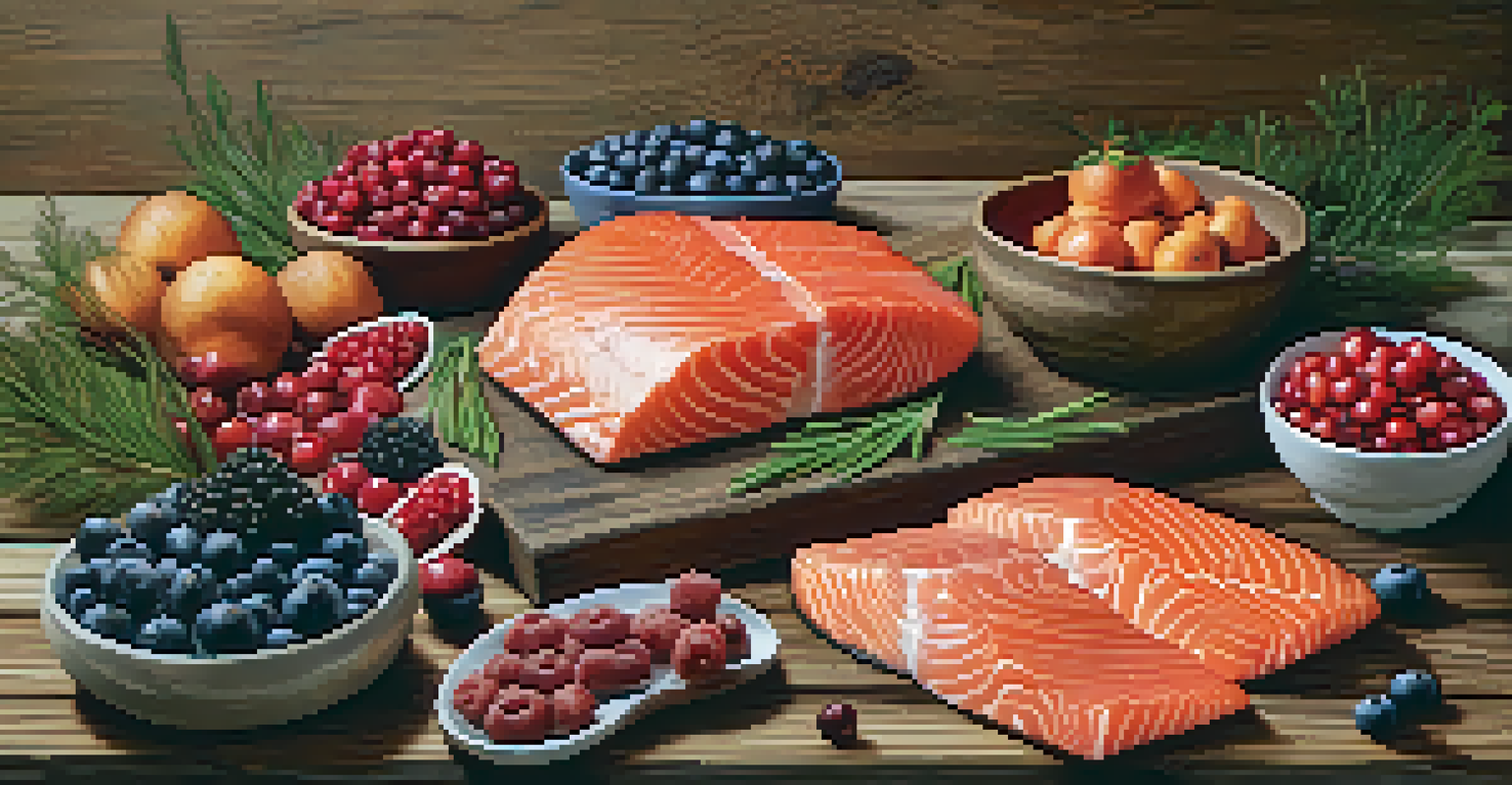 A rustic wooden table showcasing a variety of Indigenous ingredients, including bison meat, salmon, and colorful berries, beautifully arranged under natural lighting.