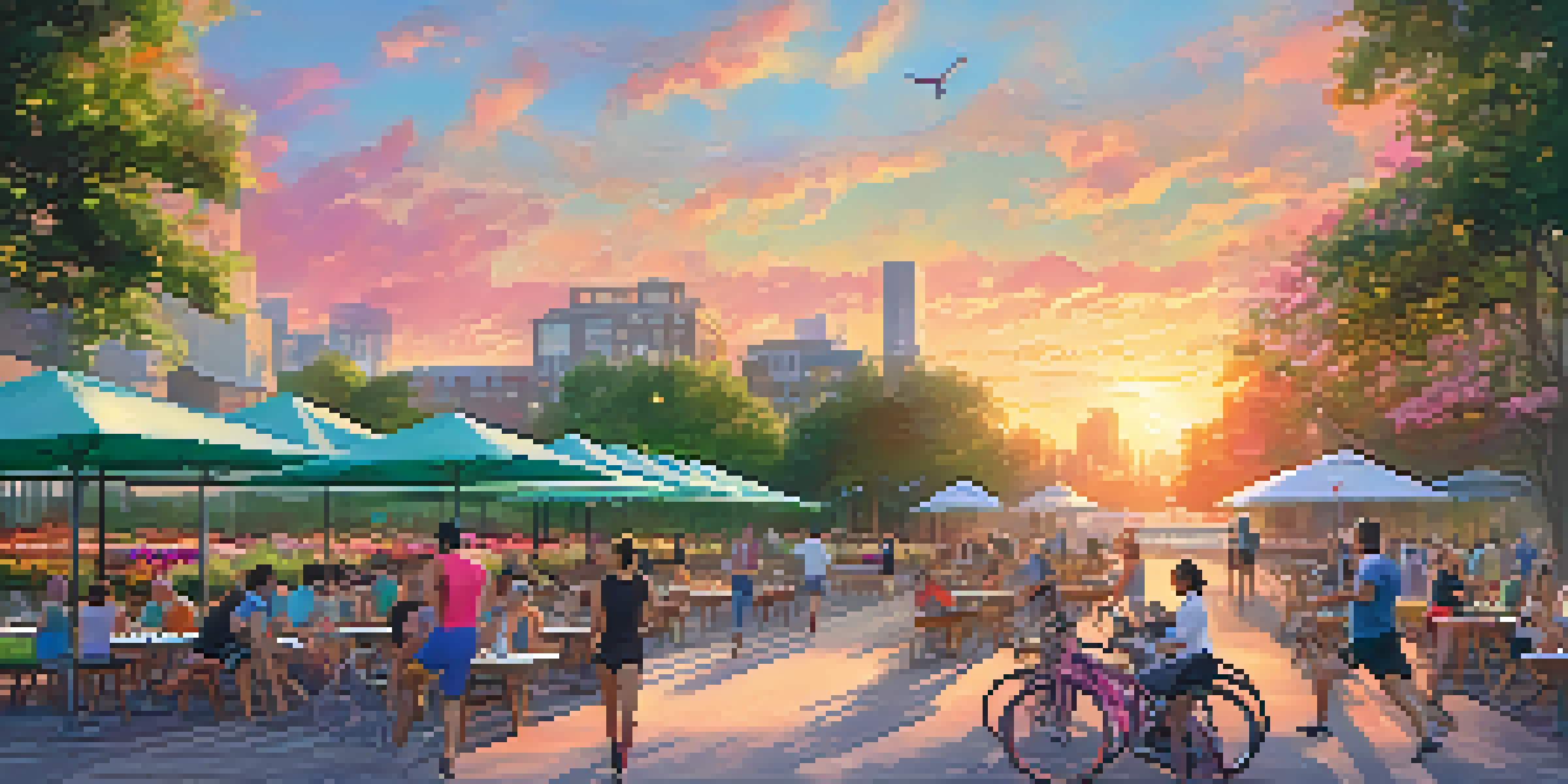 A city park at sunset with people jogging, practicing yoga, and cycling, surrounded by trees and flowers with a café in the background.