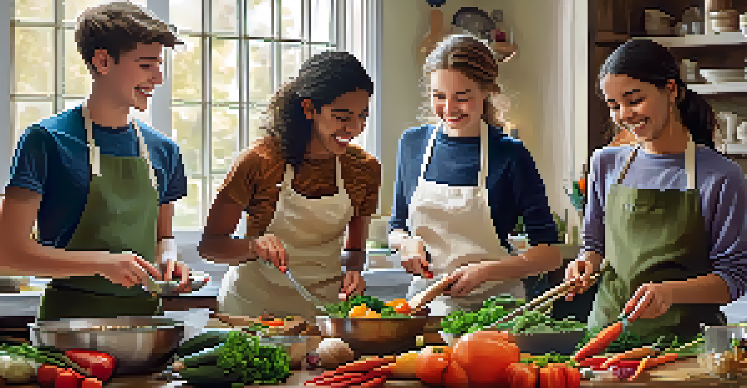 A group of teens in a local cooking class, happily preparing a regional dish with fresh ingredients in a charming kitchen.