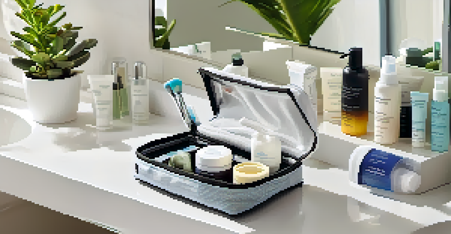An open travel toiletry kit on a bathroom counter with organized travel-sized toiletries like sunscreen and moisturizer, in a bright setting.