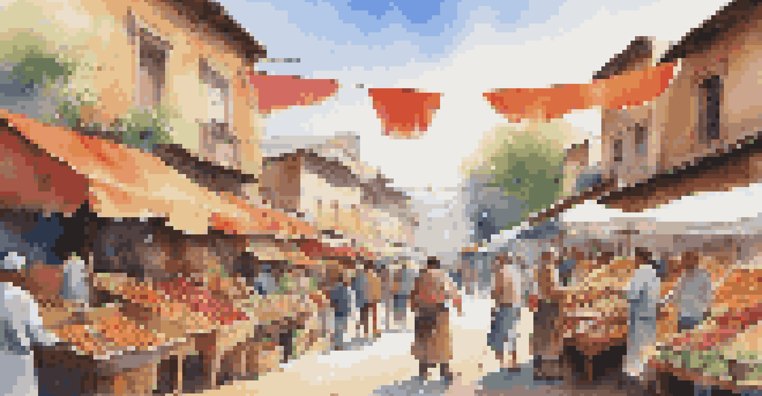 A lively open-air market filled with diverse stalls, where people interact and enjoy local crafts and foods under a sunny sky.