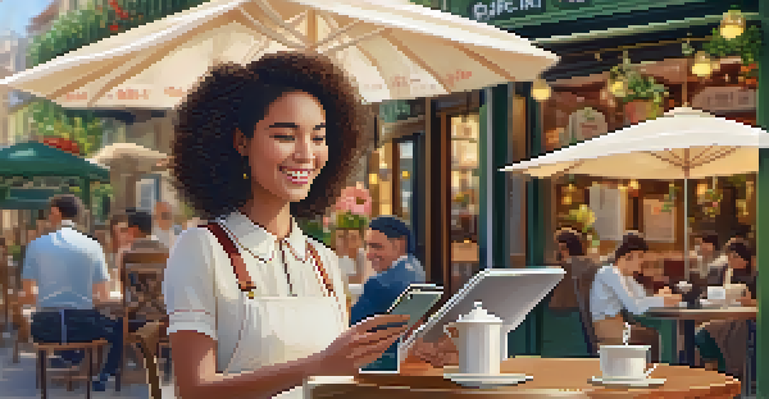 A traveler uses a translation app at an outdoor café, pointing at a menu while a friendly waiter assists.