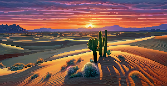 A desert landscape at sunset with sand dunes and a cactus in the foreground, featuring warm colors in the sky.