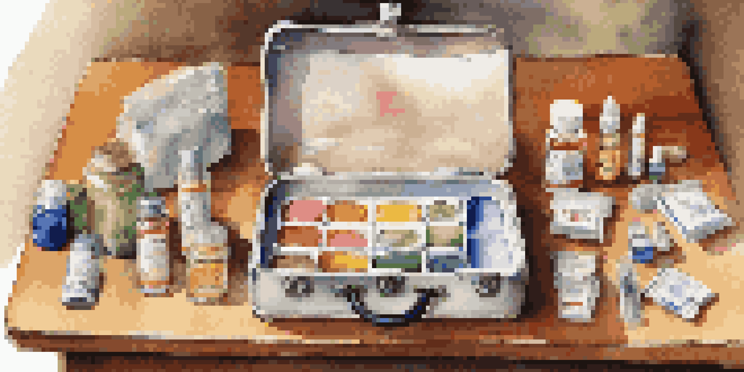 A travel health kit opened on a wooden table, displaying colorful medication bottles and antiseptic wipes under warm light.