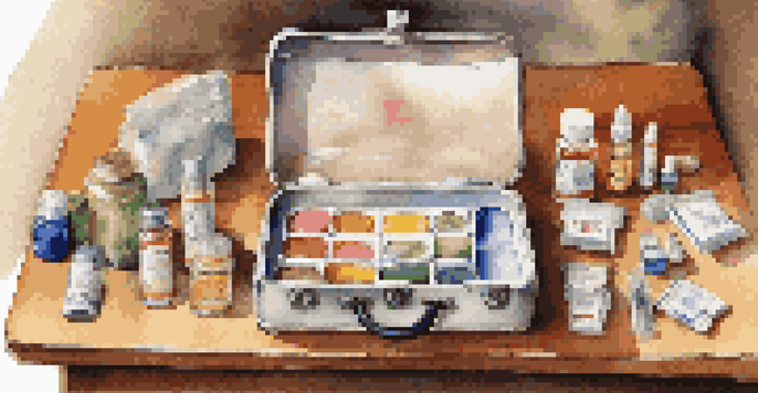A travel health kit opened on a wooden table, displaying colorful medication bottles and antiseptic wipes under warm light.