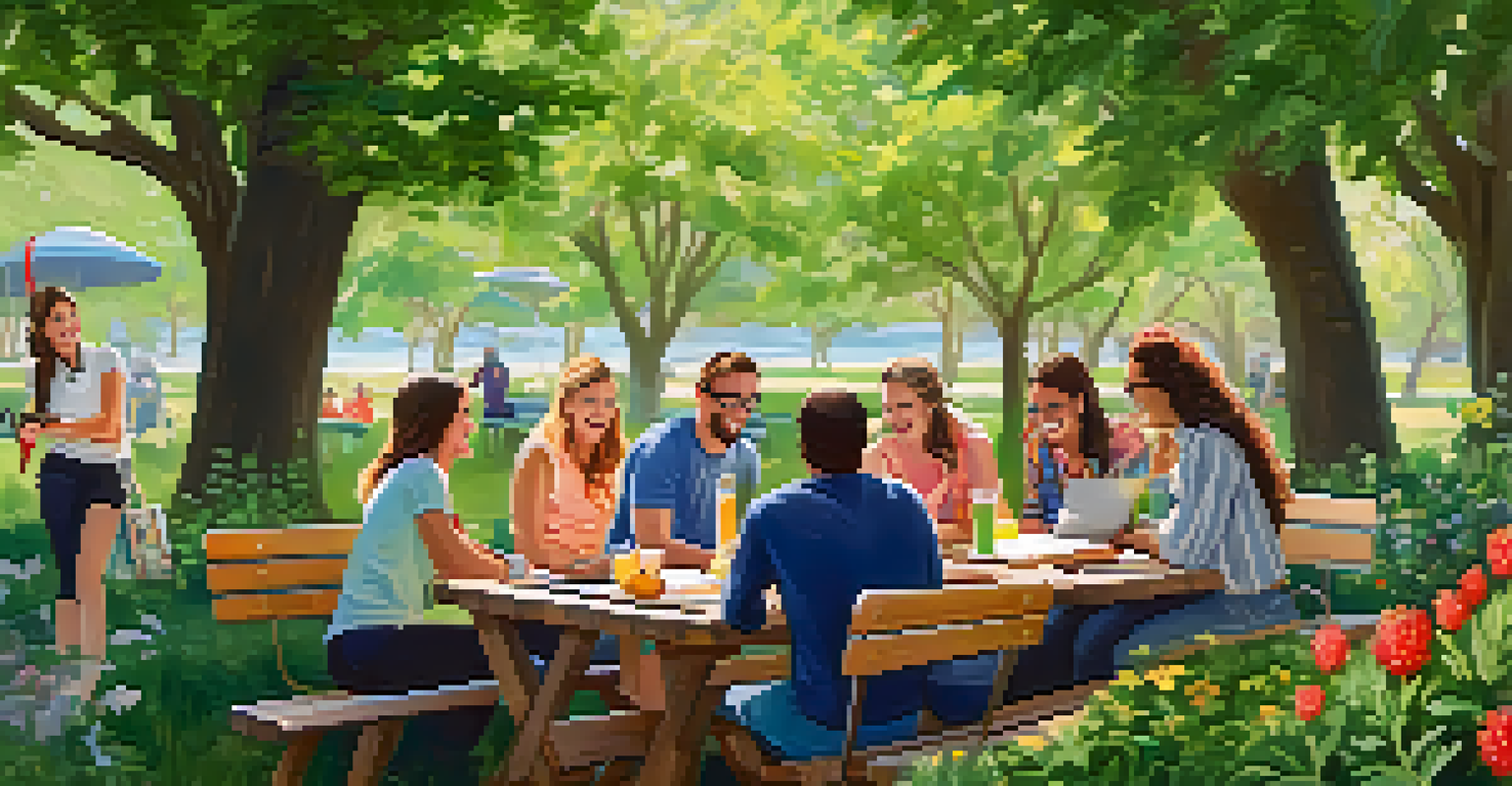A group of friends discussing travel plans at a picnic table in a park, surrounded by greenery and flowers.