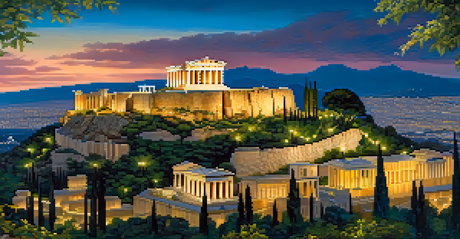 The Acropolis of Athens at sunset, with the Parthenon glowing golden against a blue sky and the city of Athens below.