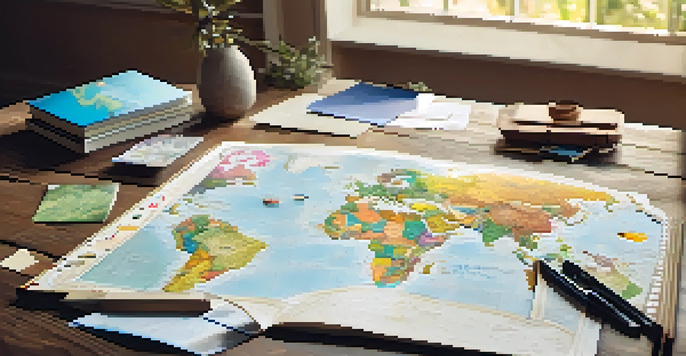 A travel itinerary displayed on a wooden table, with a map, colorful pins, and a handwritten notebook under soft natural light.