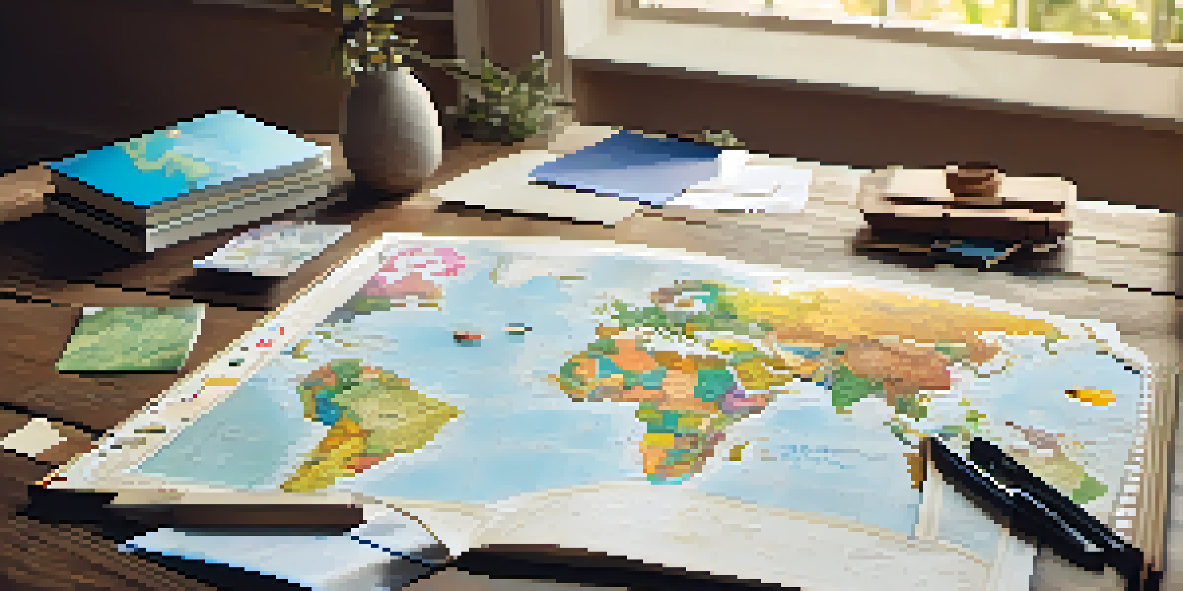 A travel itinerary displayed on a wooden table, with a map, colorful pins, and a handwritten notebook under soft natural light.