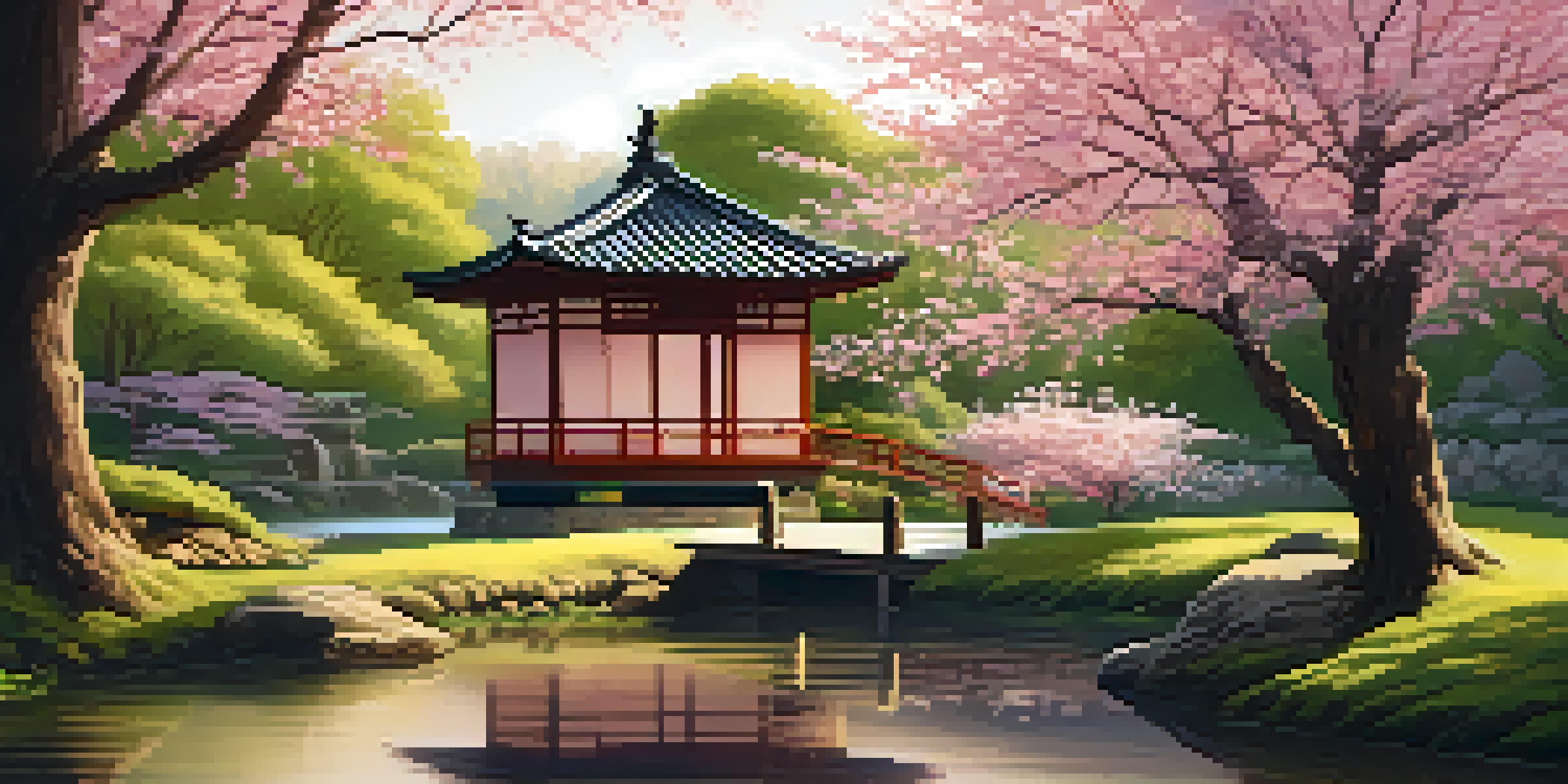 A traditional Japanese tea house in a blooming garden with cherry blossom trees and a tranquil pond reflecting the scene under the warm evening sun.