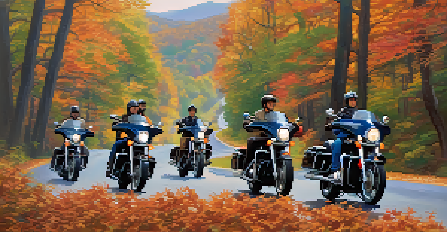 A group of friends riding motorcycles on the Blue Ridge Parkway during fall.