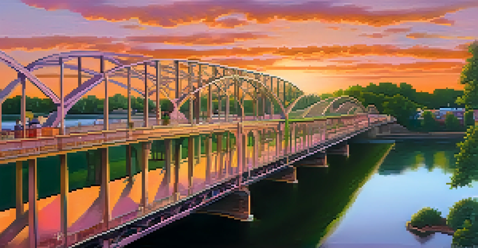 A panoramic view of the Edmund Pettus Bridge during sunset, with people walking across it, symbolizing unity and remembrance.