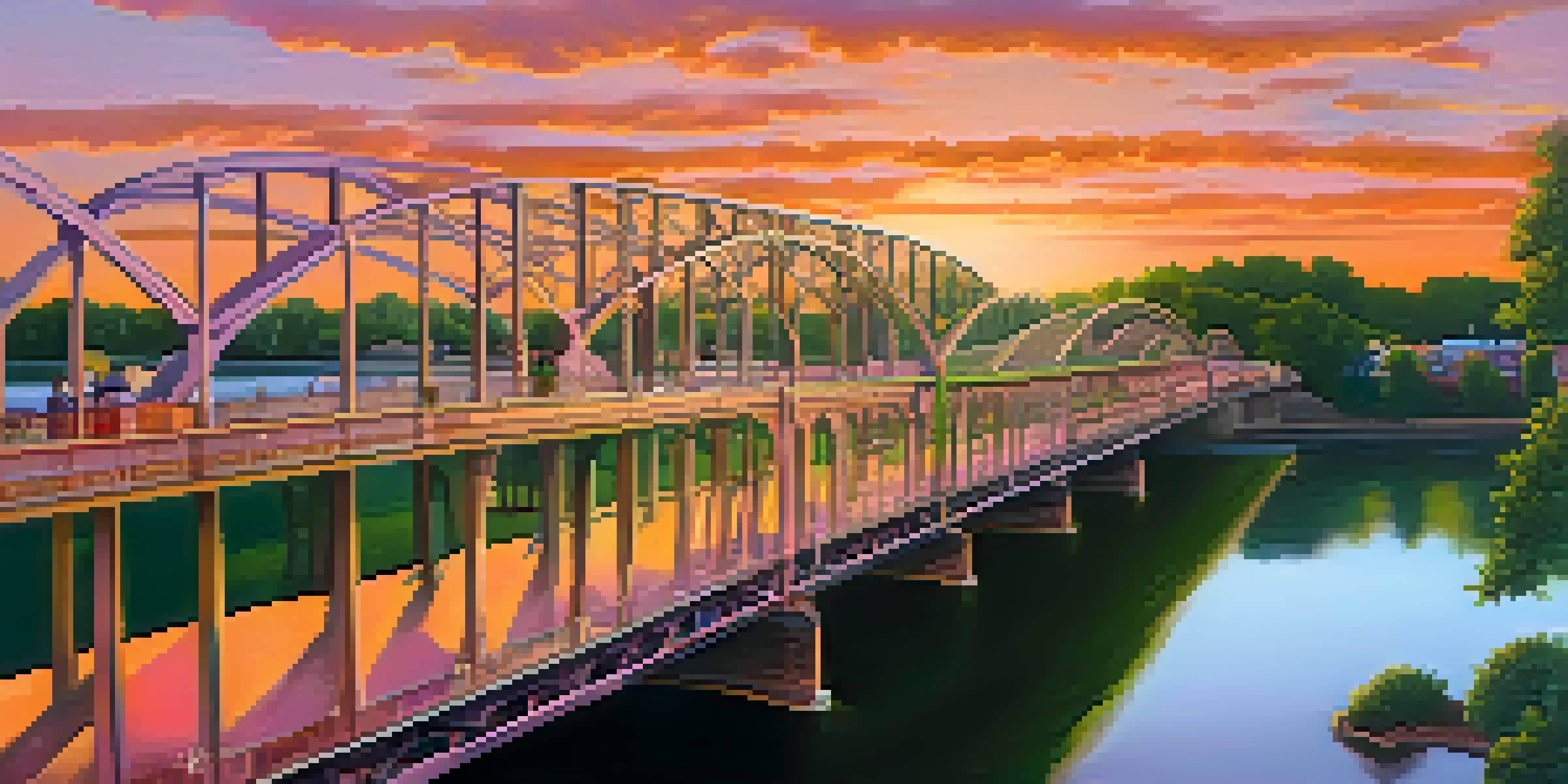 A panoramic view of the Edmund Pettus Bridge during sunset, with people walking across it, symbolizing unity and remembrance.