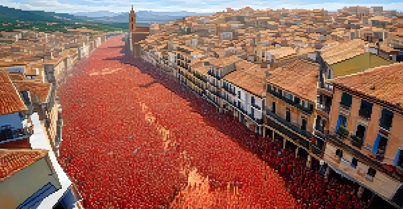 Aerial view of Buñol during La Tomatina festival, with streets covered in tomatoes and participants enjoying the chaos under the sun.