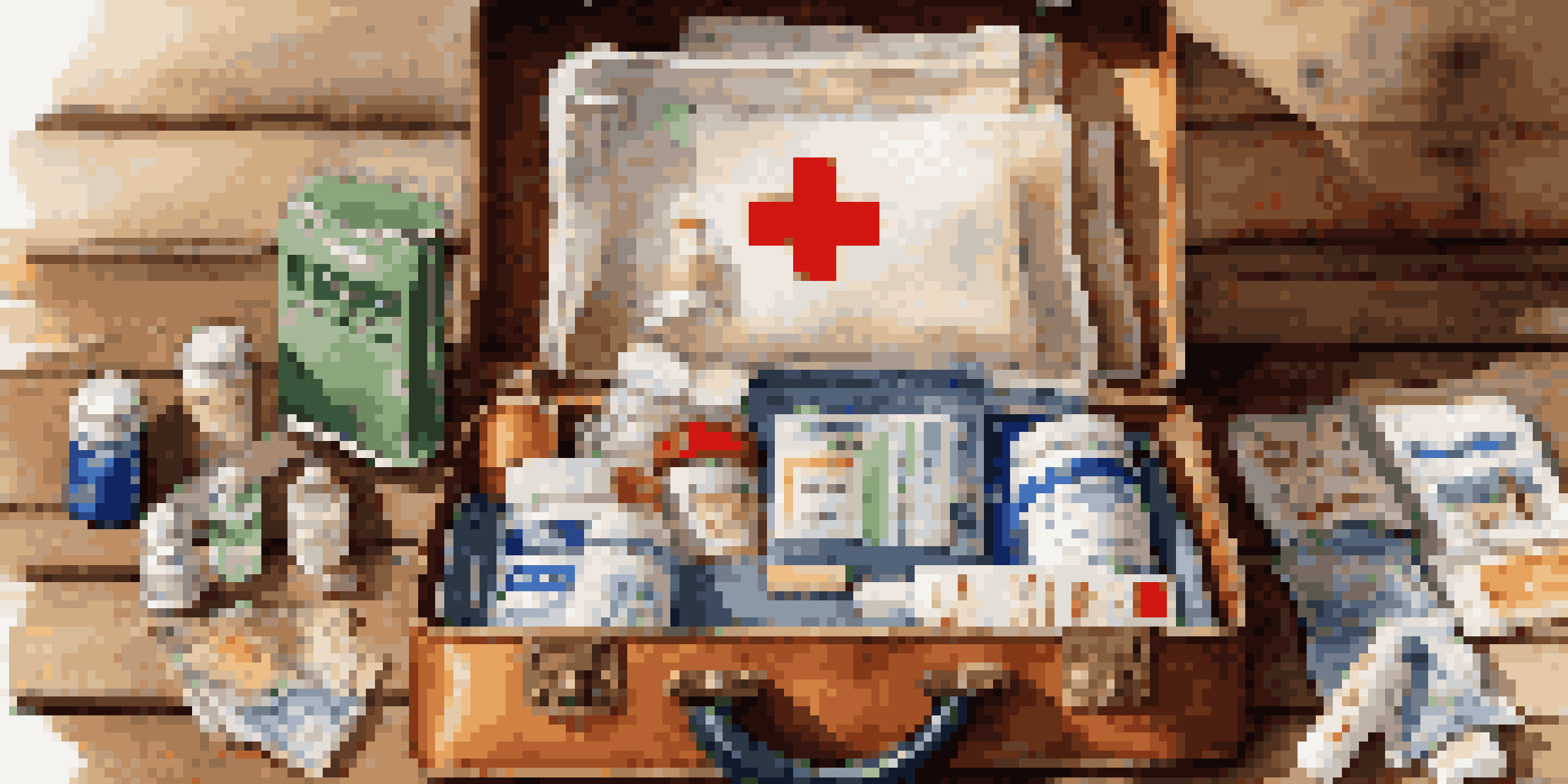 An open first-aid kit with neatly arranged medical supplies on a wooden table, surrounded by travel-related items.