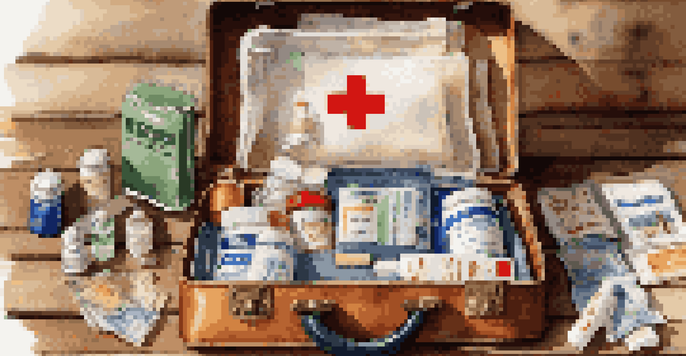 An open first-aid kit with neatly arranged medical supplies on a wooden table, surrounded by travel-related items.