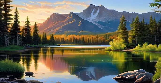 A peaceful national park scene at sunrise with mountains, a lake, and trees, illuminated by soft morning light.