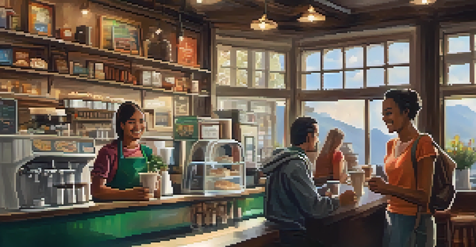 A traveler enjoying a conversation with a local barista in a cozy café, surrounded by warm lighting and vibrant decor.