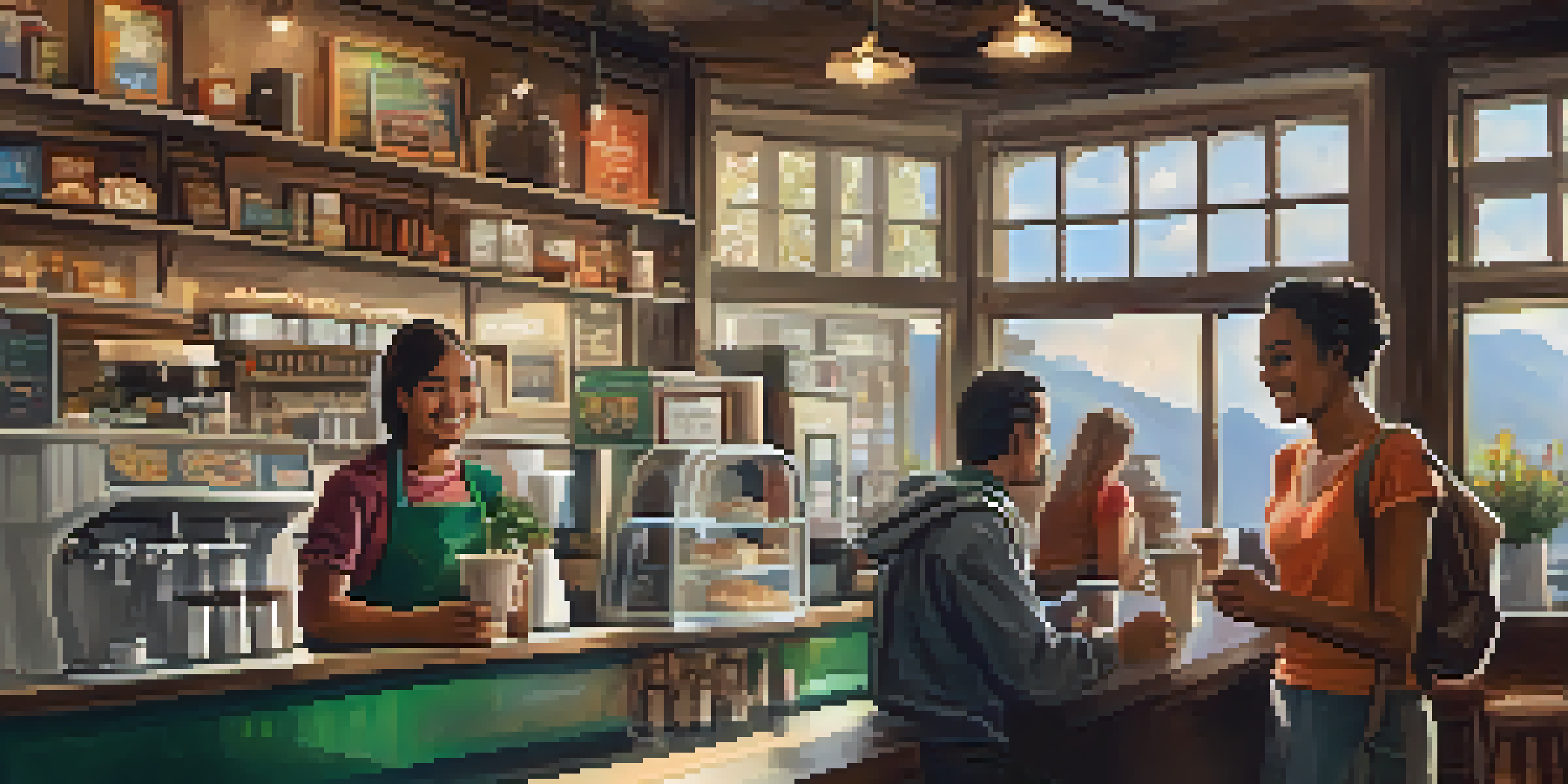 A traveler enjoying a conversation with a local barista in a cozy café, surrounded by warm lighting and vibrant decor.