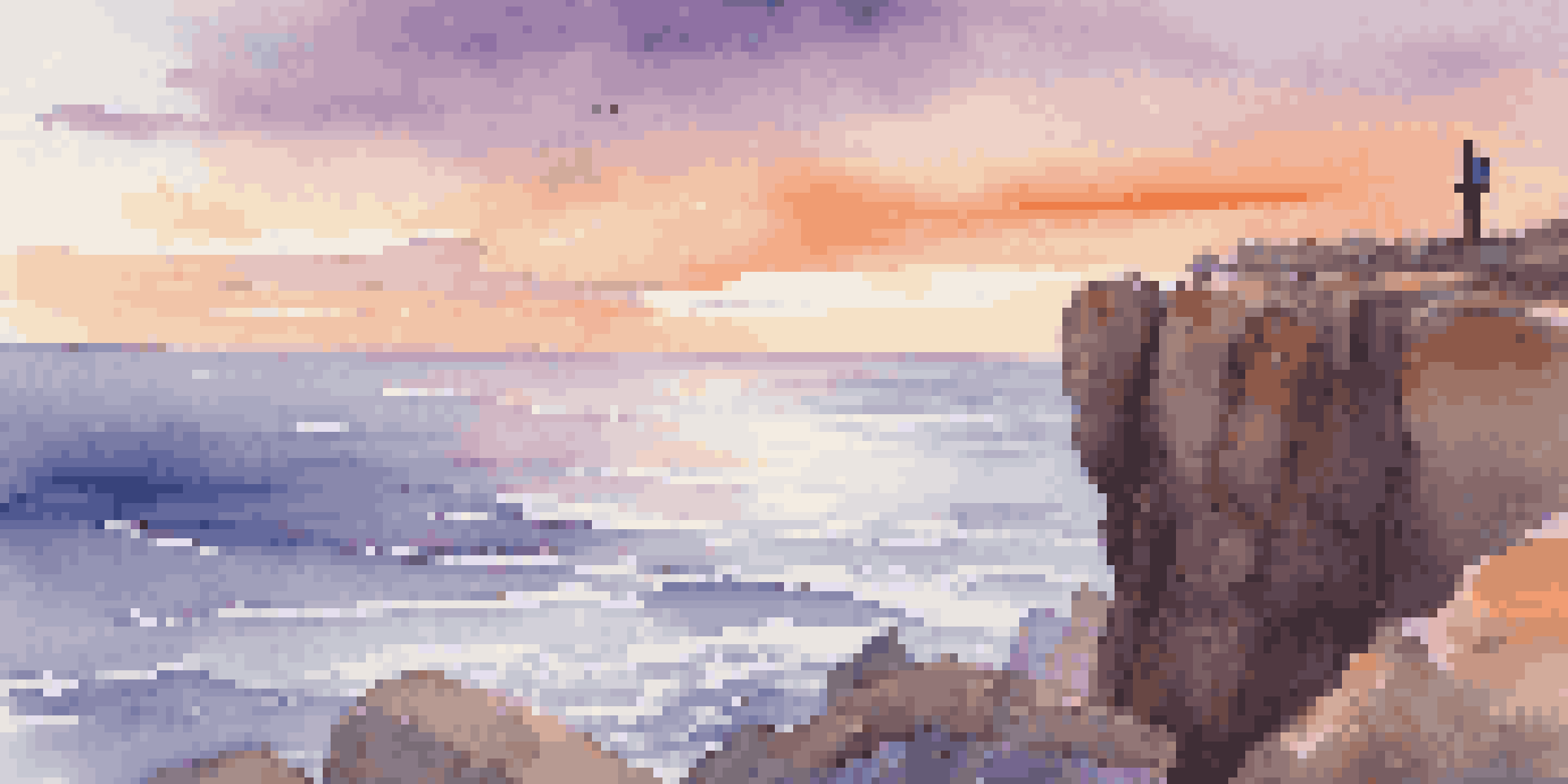 A traveler gazing at the sunset from a cliff, overlooking a calm sea, with colorful sky and gentle waves below.