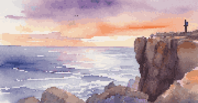 A traveler gazing at the sunset from a cliff, overlooking a calm sea, with colorful sky and gentle waves below.