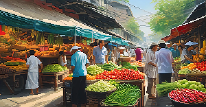 A lively market in Bangkok with colorful stalls and fresh produce like lemongrass and chili peppers, vendors interacting with customers under warm sunlight.