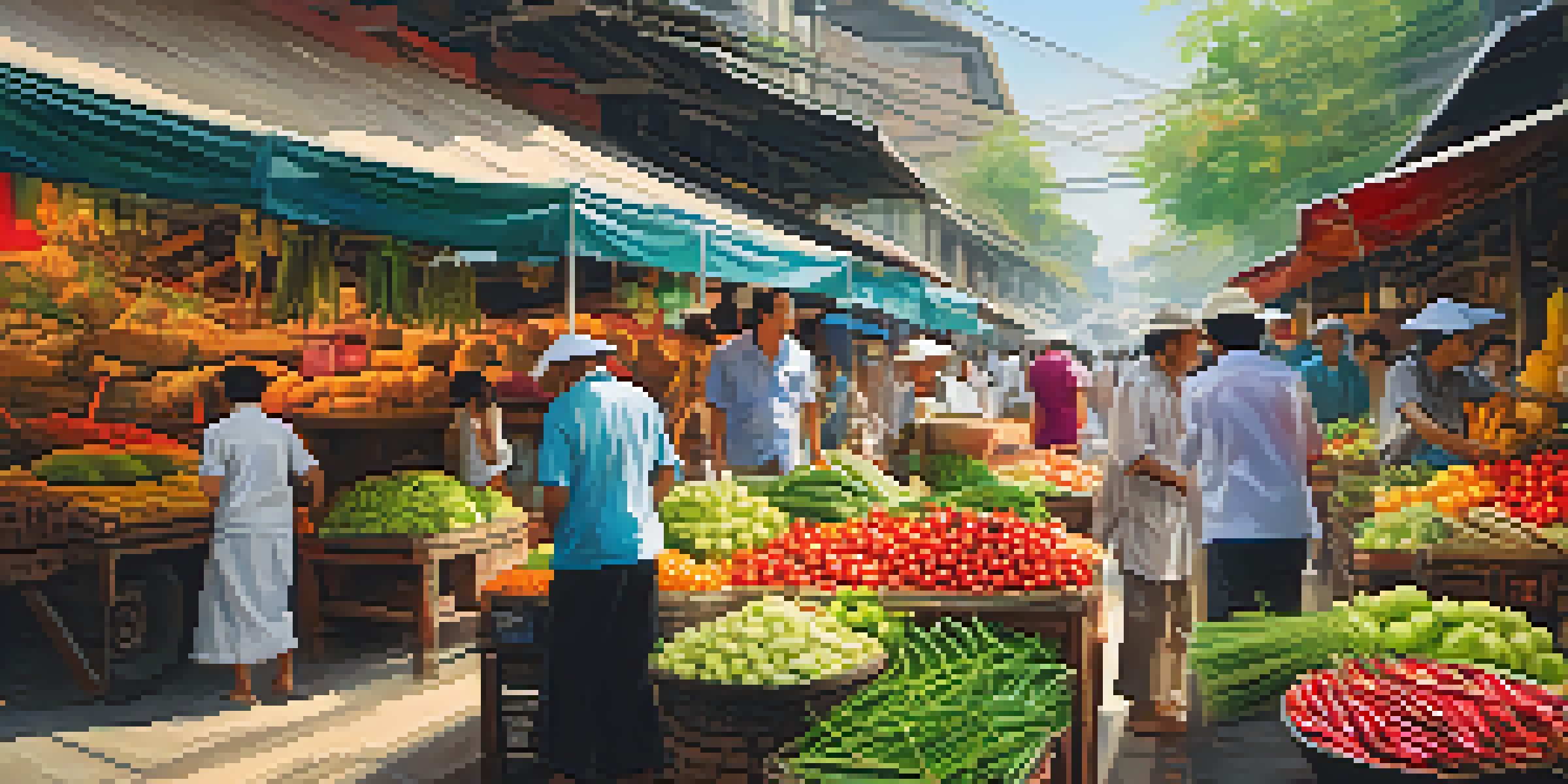 A lively market in Bangkok with colorful stalls and fresh produce like lemongrass and chili peppers, vendors interacting with customers under warm sunlight.