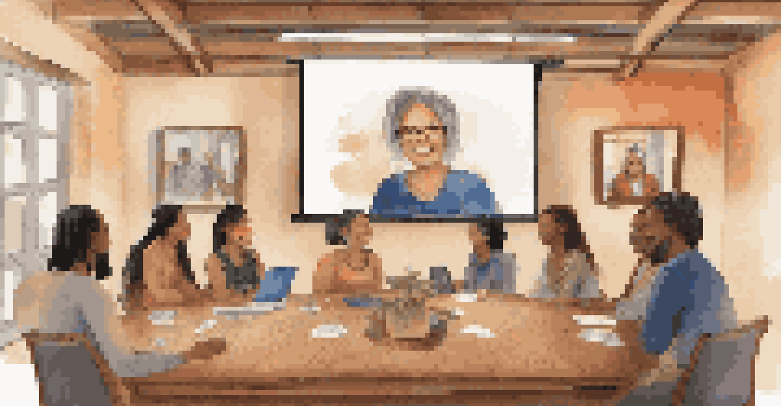 A cozy room with a large screen showing diverse individuals sharing their cultures through a virtual meeting.