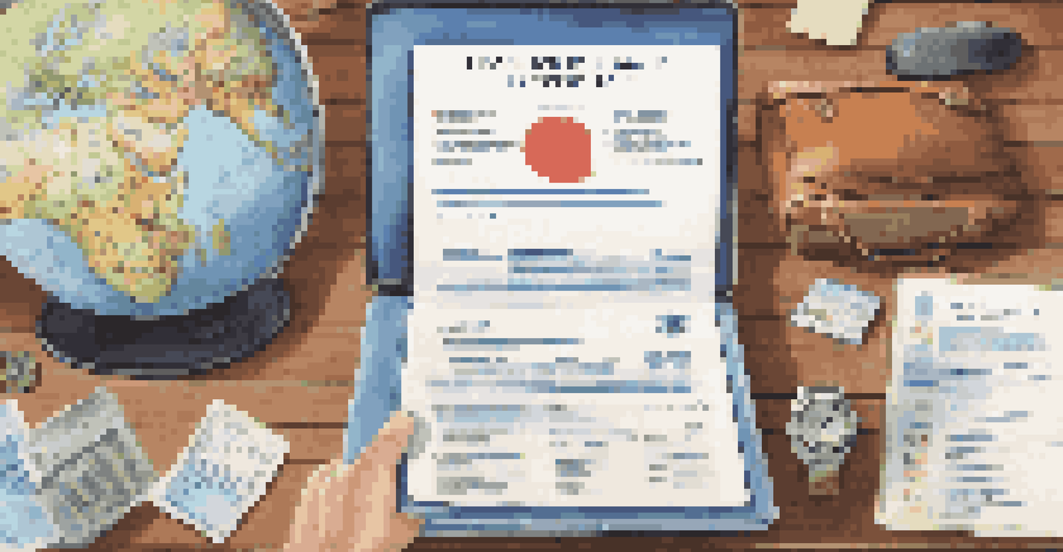 A wooden table with travel insurance documents, a laptop showing an insurance website, a passport, and a globe under soft natural light.