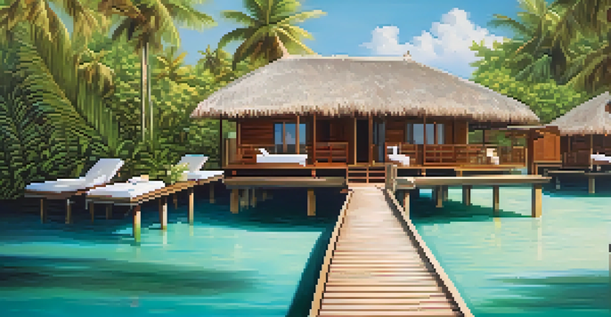 A serene overwater bungalow in the Maldives surrounded by clear blue water and tropical flowers, with lounge chairs on a wooden deck under sunny skies.