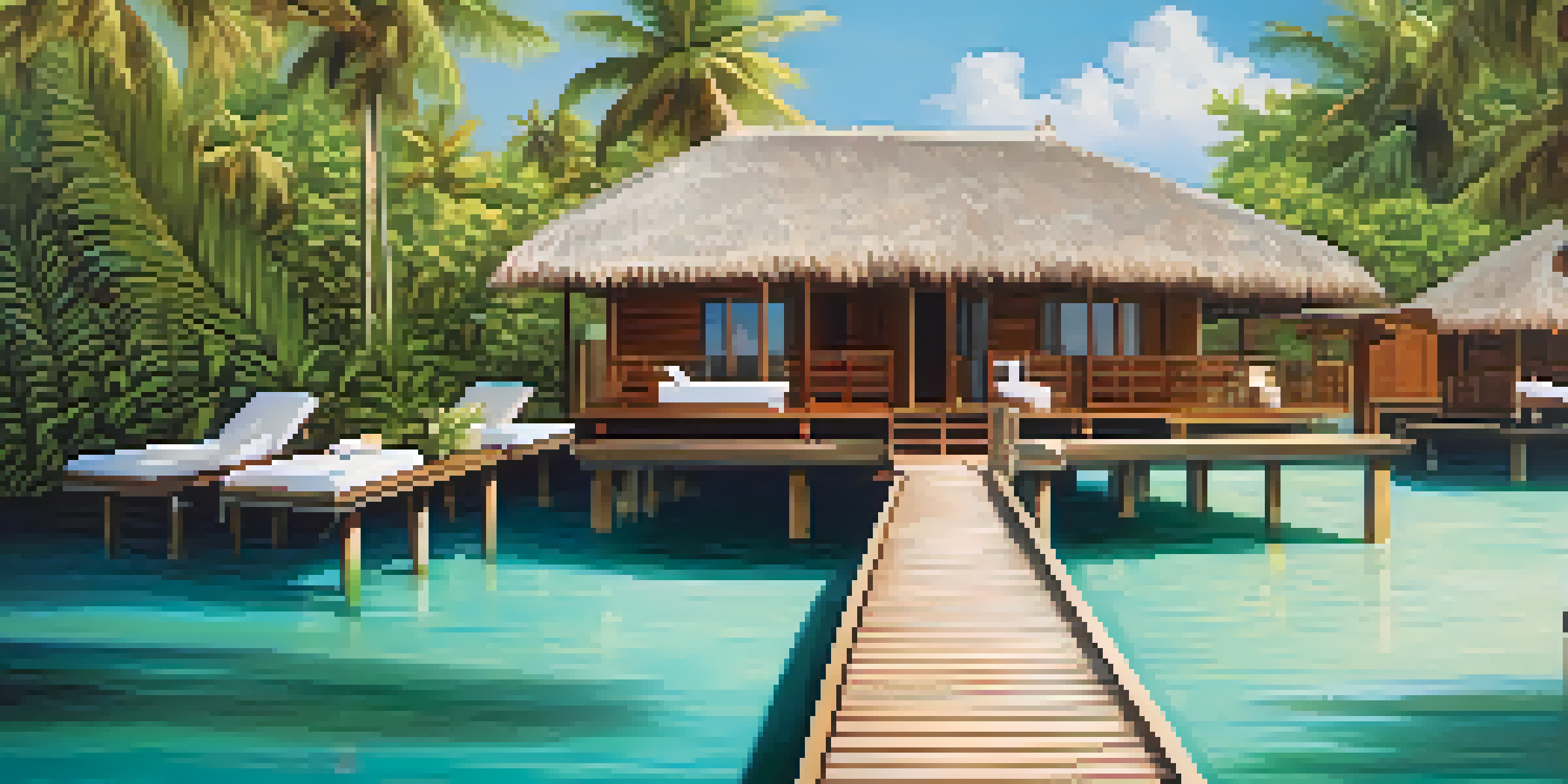 A serene overwater bungalow in the Maldives surrounded by clear blue water and tropical flowers, with lounge chairs on a wooden deck under sunny skies.