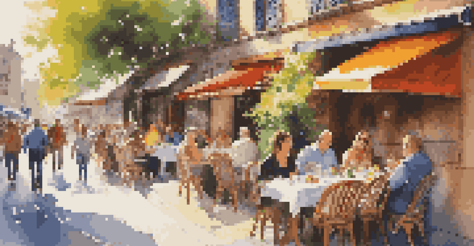 A lively outdoor cafe filled with people, colorful flowers, and street art in a sunny setting.