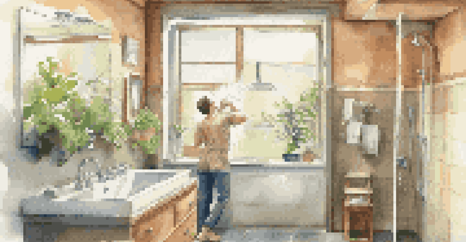 A traveler showering with a timer in a bright bathroom featuring low-flow fixtures and green plants, highlighting water conservation.