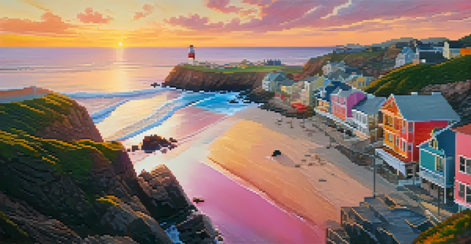 Aerial view of a coastal town at sunrise with colorful buildings and crashing waves.