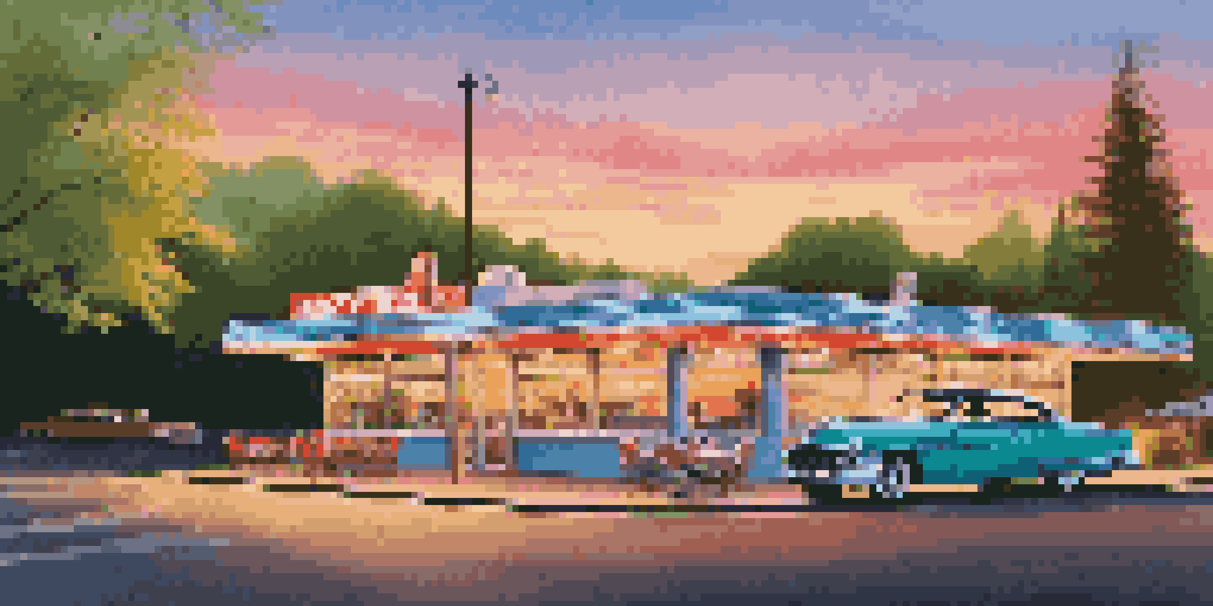 A classic American diner with neon lights at sunset, a vintage car parked outside, and trees lining the road.
