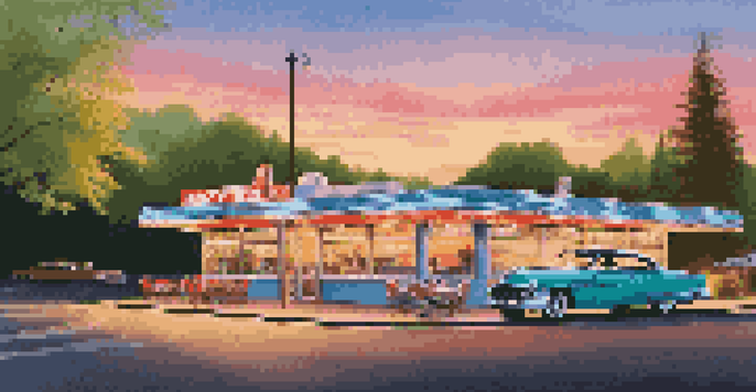 A classic American diner with neon lights at sunset, a vintage car parked outside, and trees lining the road.