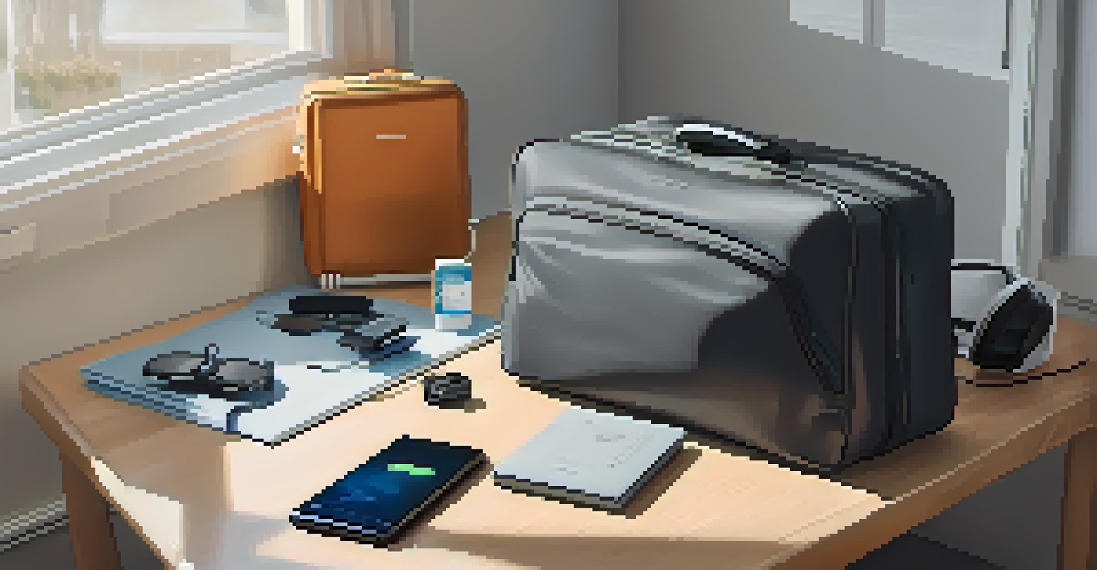 A person packing a suitcase with clothes and tech gadgets in a bright bedroom, with a checklist on a notepad nearby.