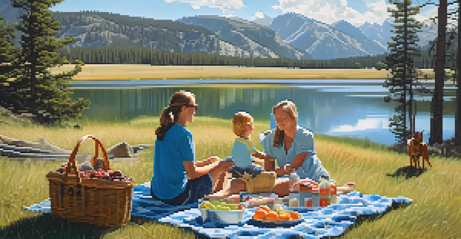 A family having a picnic with their dog at Yellowstone National Park, surrounded by mountains and blue skies.